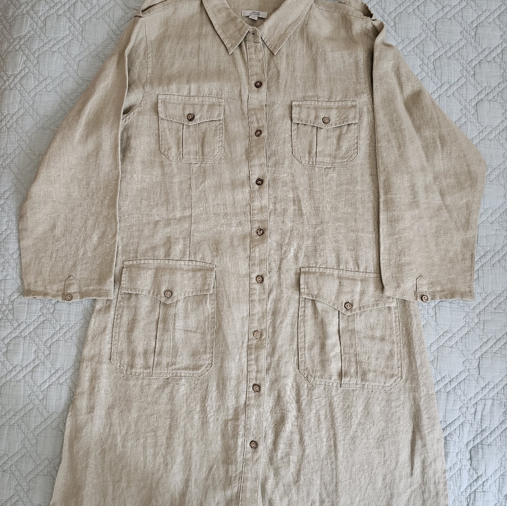 Beige Button-Up Long Sleeve Shirt Dress